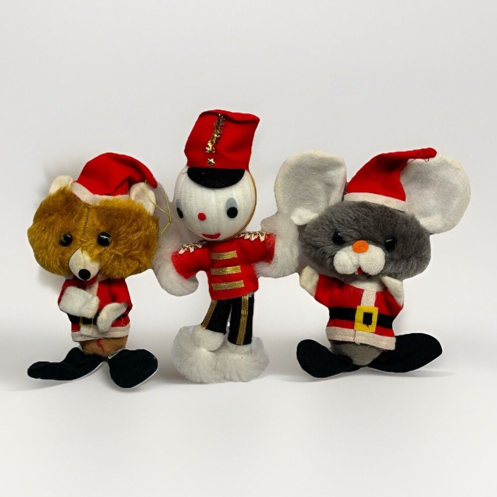 Vintage Japan Christmas Plush Ornaments Lot Fox Mouse Drummer 60s Knee Hugger
